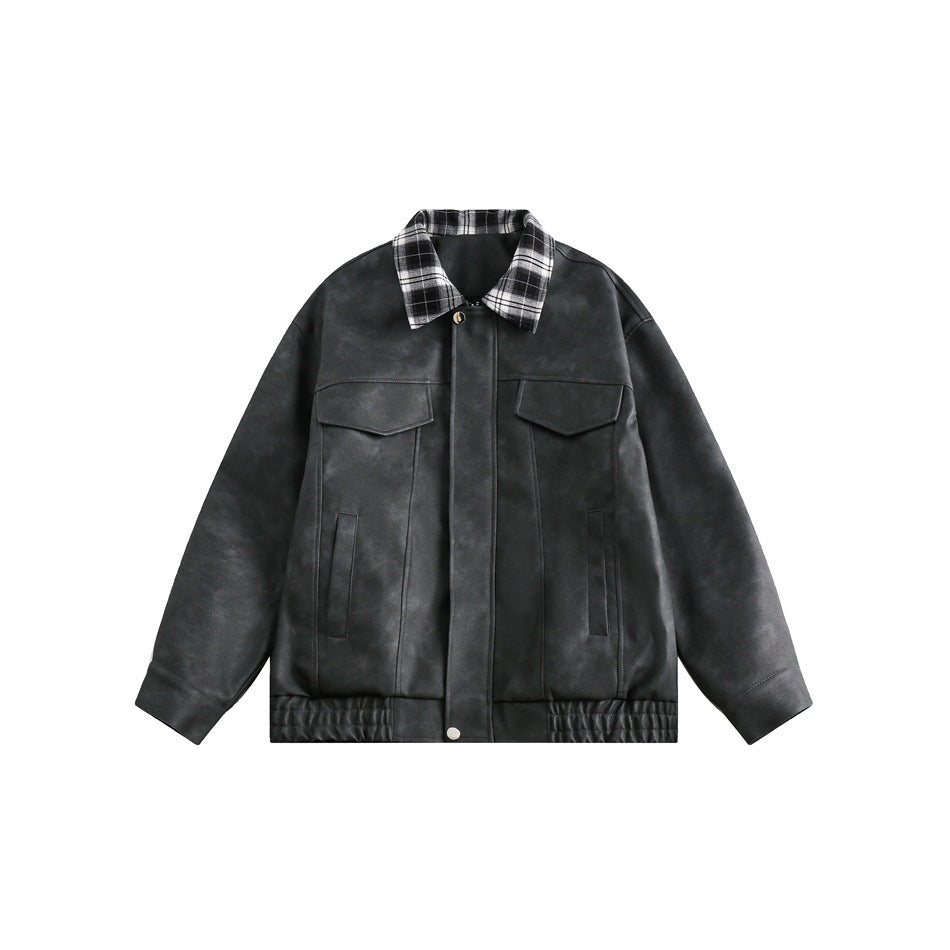 Herren Boxy Kunstleder‑Blouson mit kariertem Umlegekragen und Pattentaschen Shop Nory