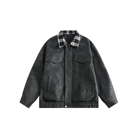 Herren Boxy Kunstleder‑Blouson mit kariertem Umlegekragen und Pattentaschen Shop Nory