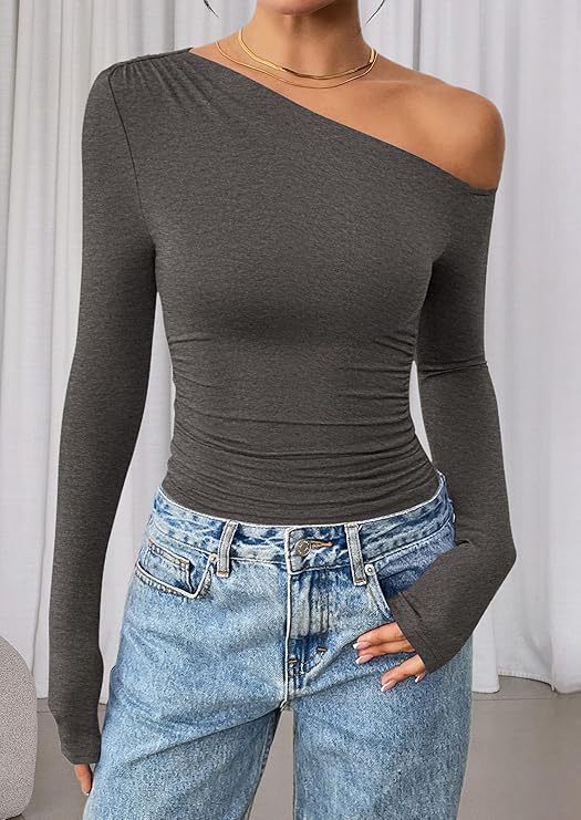 Damen Schulterfreies, figurnahes Ripp-Langarmtop mit asymmetrischem Ein-Schulter-Schnitt Shop Nory