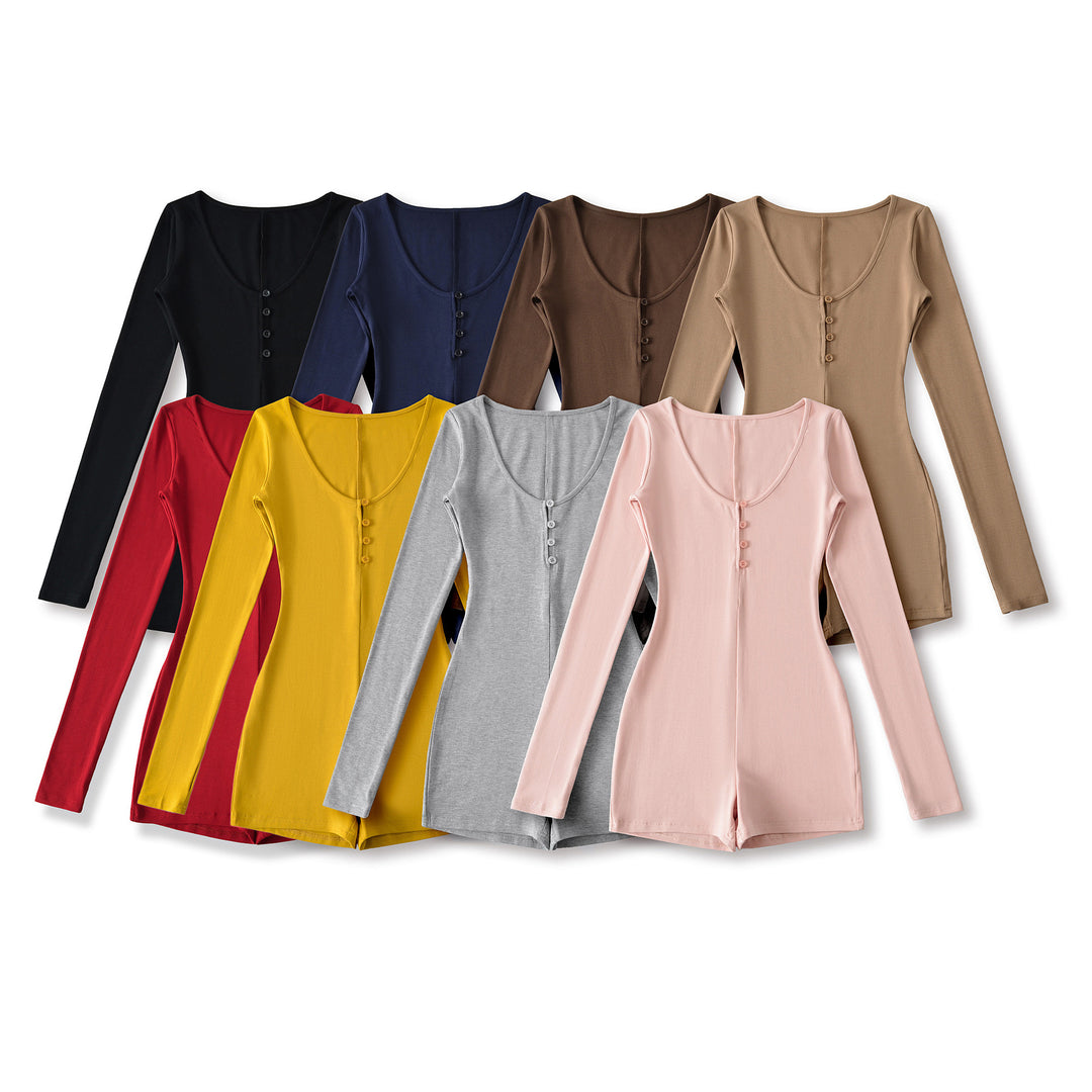 Damen Enganliegender Langarm-Body mit Knopfleiste und kurzer Shorts Shop Nory