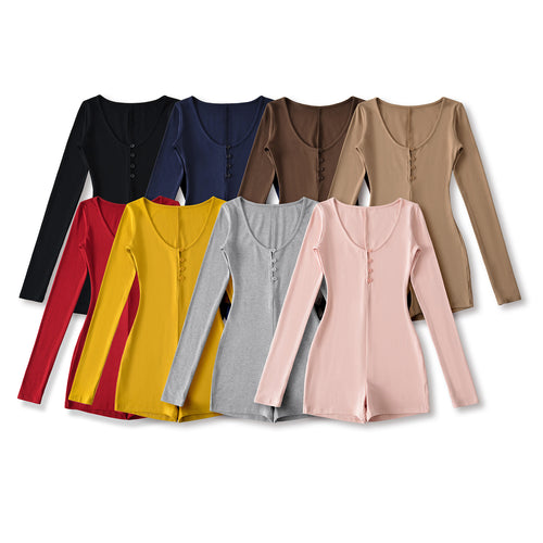 Damen Enganliegender Langarm-Body mit Knopfleiste und kurzer Shorts Shop Nory