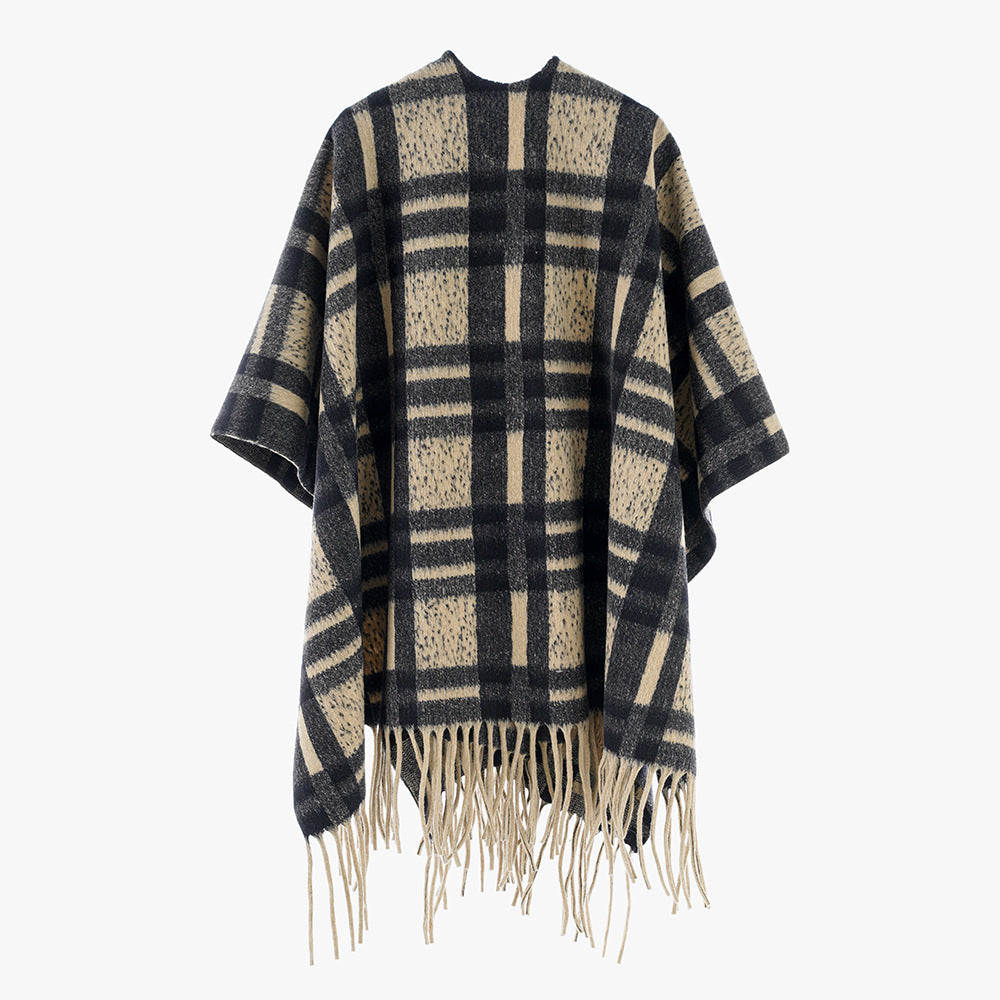 Damen Kariertes Wollmix-Poncho‑Cape mit Fransensaum und offenem Oversize‑Fall Shop Nory