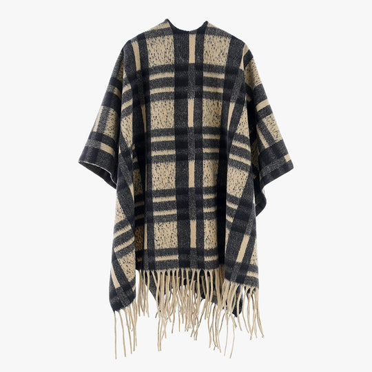 Damen Kariertes Wollmix-Poncho‑Cape mit Fransensaum und offenem Oversize‑Fall Shop Nory