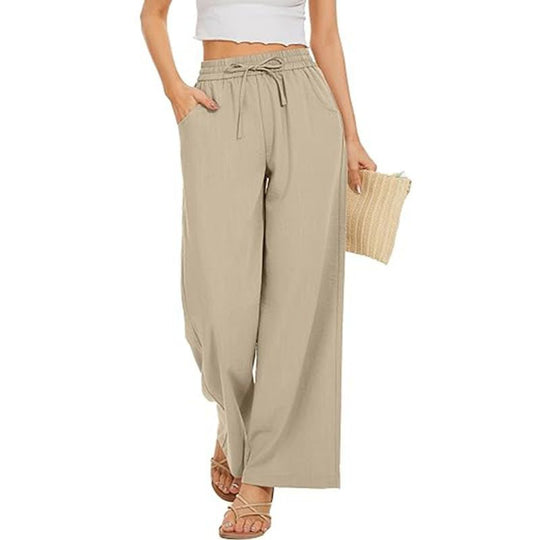 Damen Weite Leinenhose mit hohem elastischem Bund, Kordelzug und Eingrifftaschen Shop Nory