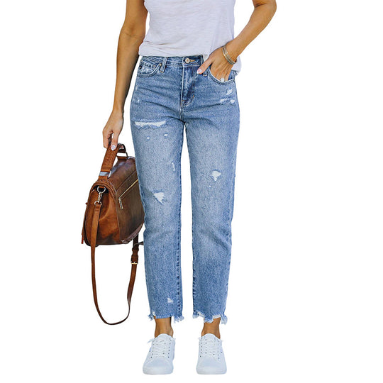 Damen High-Waist Jeans mit geradem Bein, Destroyed-Optik und rohem Saum Shop Nory