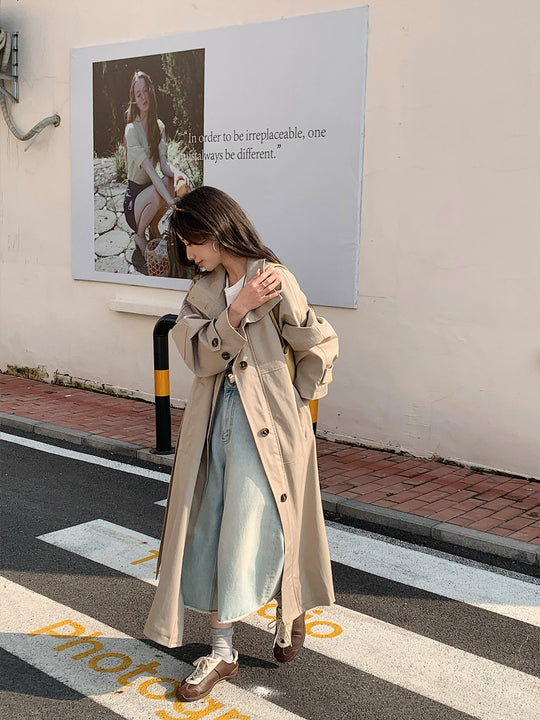 Damen Langer leichter Trenchcoat im Oversize-Stil mit geradem Schnitt und verdeckter Knopfleiste Shop Nory