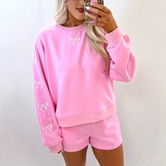 Damen Kuscheliges Sweat-Lounge-Set mit Shorts und bestickten Ballonärmeln Shop Nory
