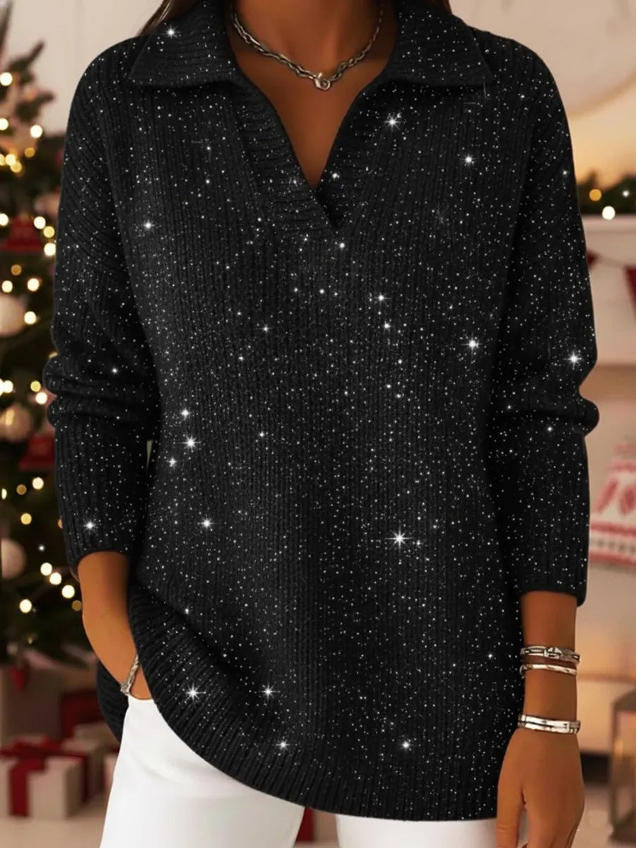 Damen Eleganter V-Pullover mit glänzenden Akzenten