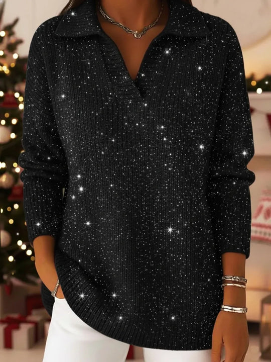 Damen Eleganter V-Pullover mit glänzenden Akzenten