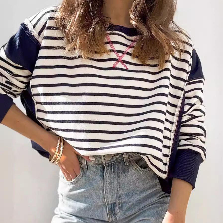 Damen Oversize-Sweatshirt im Marinelook mit Streifen, Raglanärmeln und Rippenbündchen Shop Nory