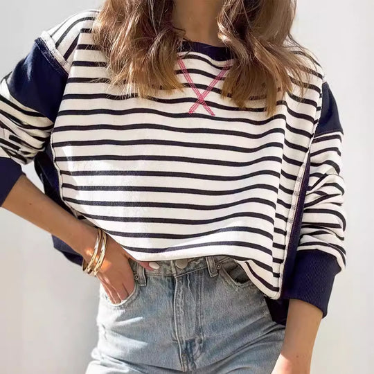 Damen Oversize-Sweatshirt im Marinelook mit Streifen, Raglanärmeln und Rippenbündchen Shop Nory