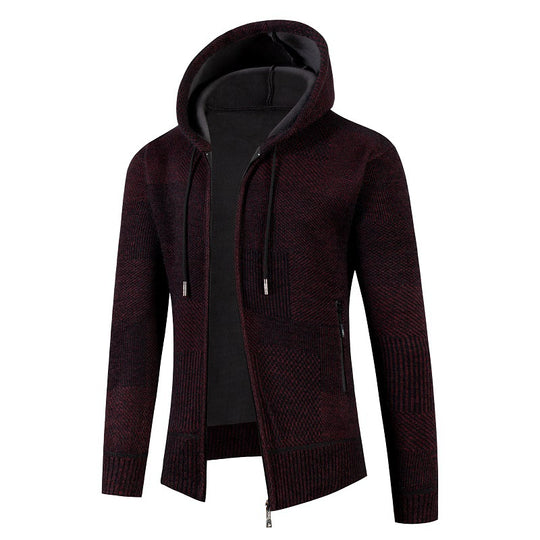 Herren Strick-Kapuzenjacke mit durchgehendem Reißverschluss, gefütterter Kapuze und strukturierter Patchwork-Optik Shop Nory