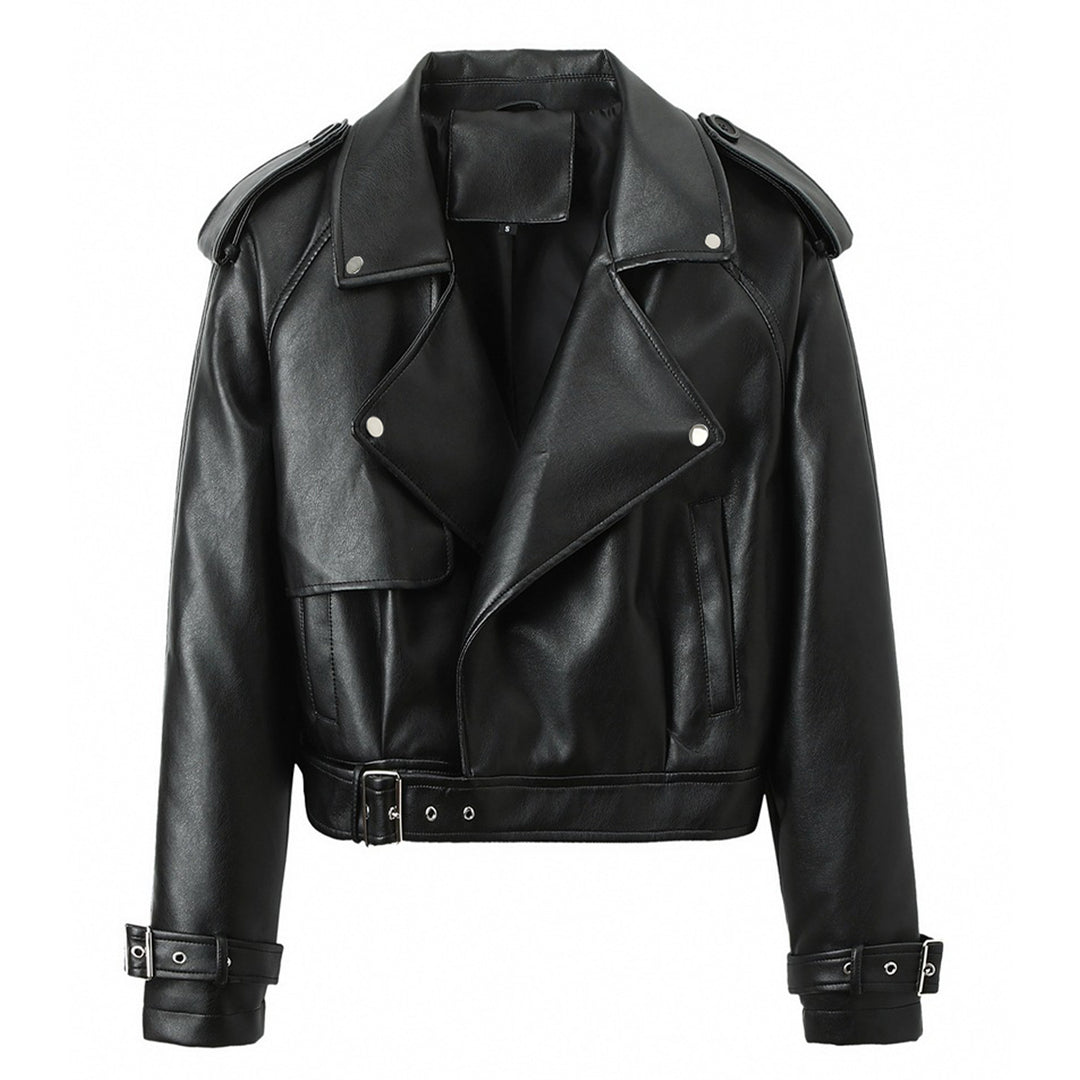 Damen Cropped Biker‑Trench aus weichem Kunstleder mit Schulterriegeln und Schnallenmanschetten Shop Nory