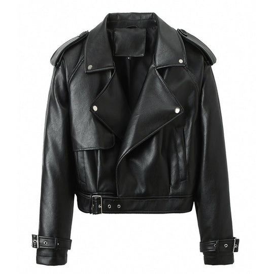 Damen Cropped Biker‑Trench aus weichem Kunstleder mit Schulterriegeln und Schnallenmanschetten Shop Nory