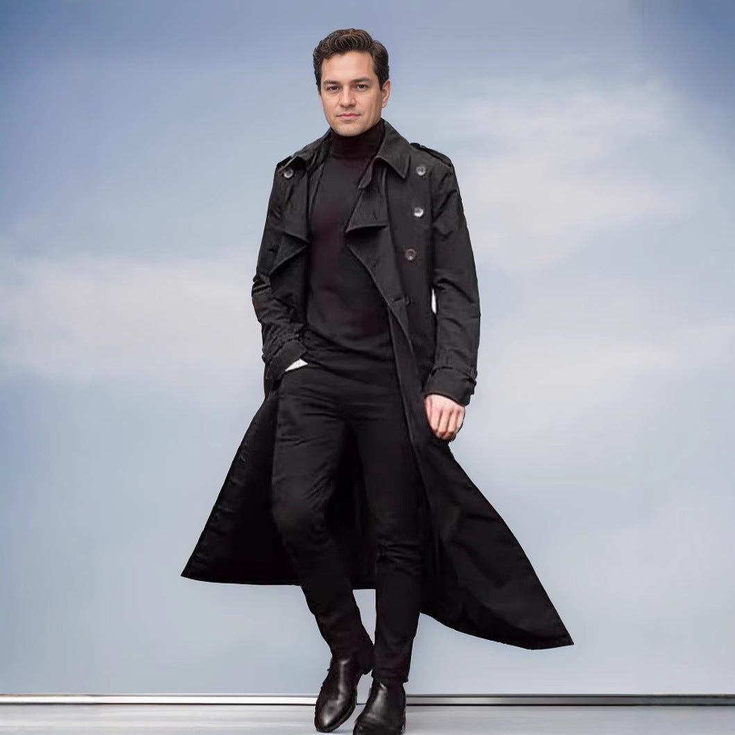 Herren Wasserabweisender Long-Trenchcoat mit doppelter Knopfleiste, Schulterklappen und verstellbarem Taillengürtel Shop Nory