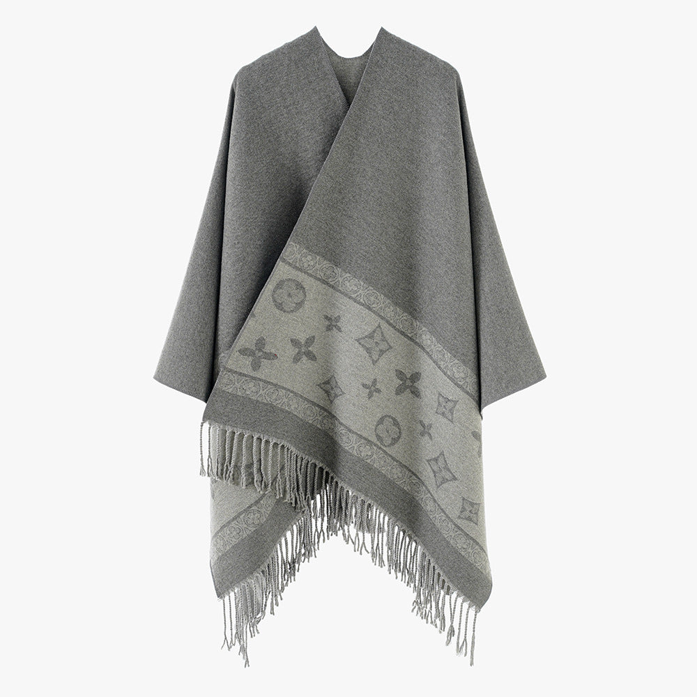 Damen Eleganter V-Ausschnitt Poncho aus feinem Wollmix mit kontrastierendem Jacquardbesatz und Fransensaum Shop Nory