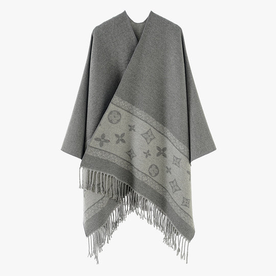 Damen Eleganter V-Ausschnitt Poncho aus feinem Wollmix mit kontrastierendem Jacquardbesatz und Fransensaum Shop Nory
