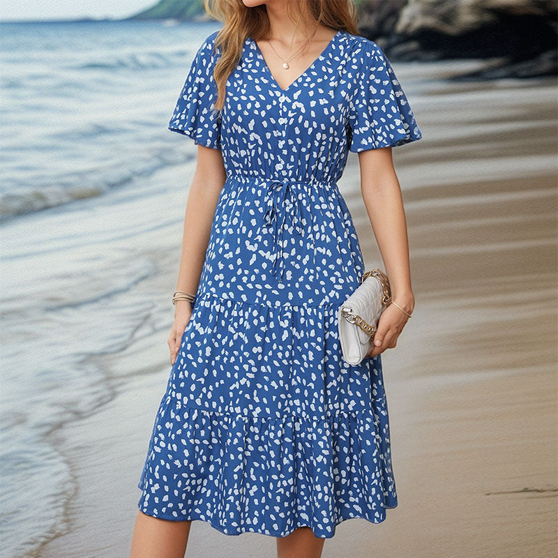 Damen Midi-Kleid mit Puffärmeln und modischem Punktmuster Shopnory