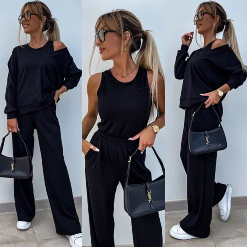 Damen lässiges Rippsweat-Lounge-Set mit Off-Shoulder-Sweatshirt und weit geschnittener High-Waist-Hose Shop Nory