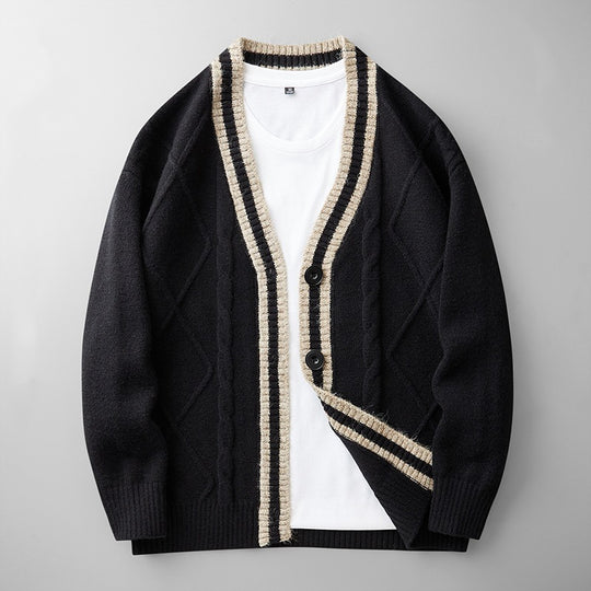 Herren Strickcardigan mit Zopfmuster, V-Ausschnitt und Kontrastkante Shop Nory