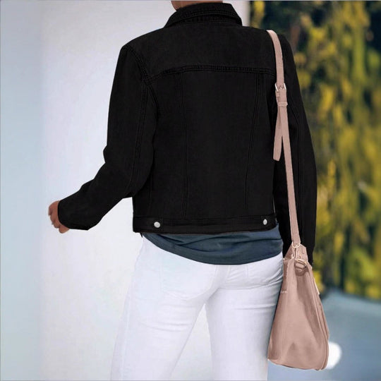 Damen Kurzgeschnittene taillierte Jeansjacke im Truckerstil mit Silberknöpfen Shop Nory
