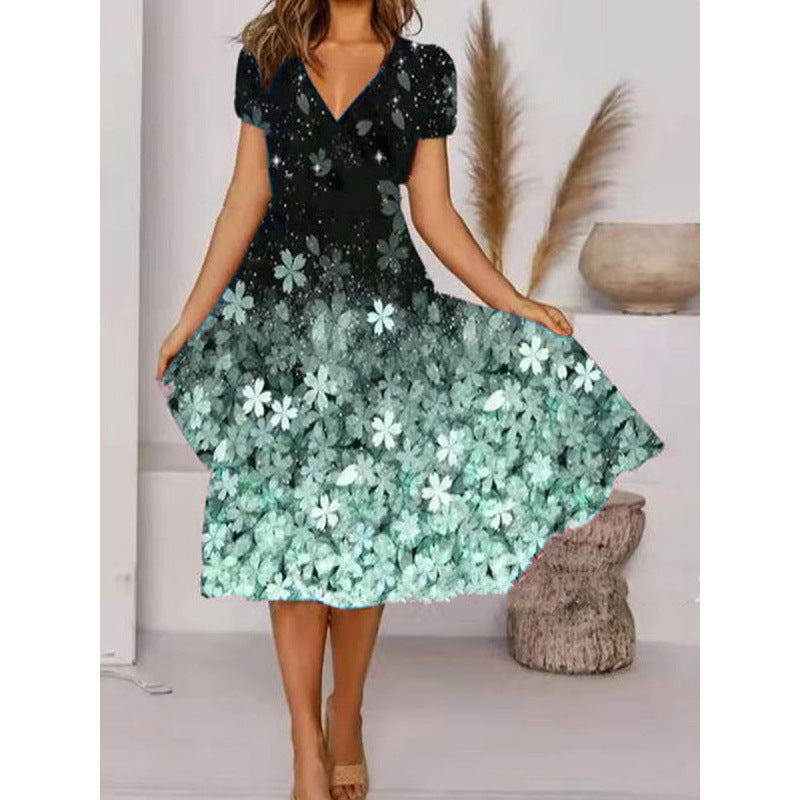 Damen A-Linie Sommerkleid mit V-Ausschnitt und floralen Akzenten