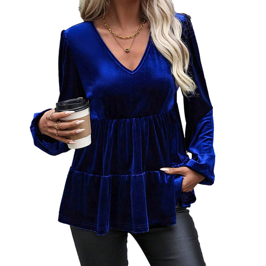 Damen samtiges Volant‑Peplum‑Top mit V‑Ausschnitt, geraffter Taille und langen Ballonärmeln Shop Nory
