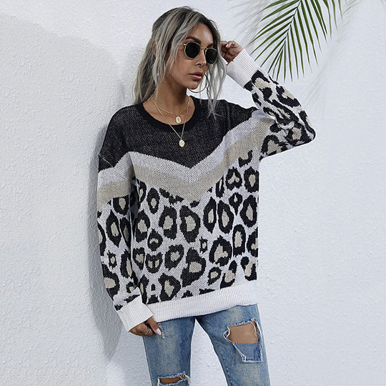 Damen Oversize Strickpullover mit Leopardenjacquard und kontrastierender V‑Blende Shop Nory