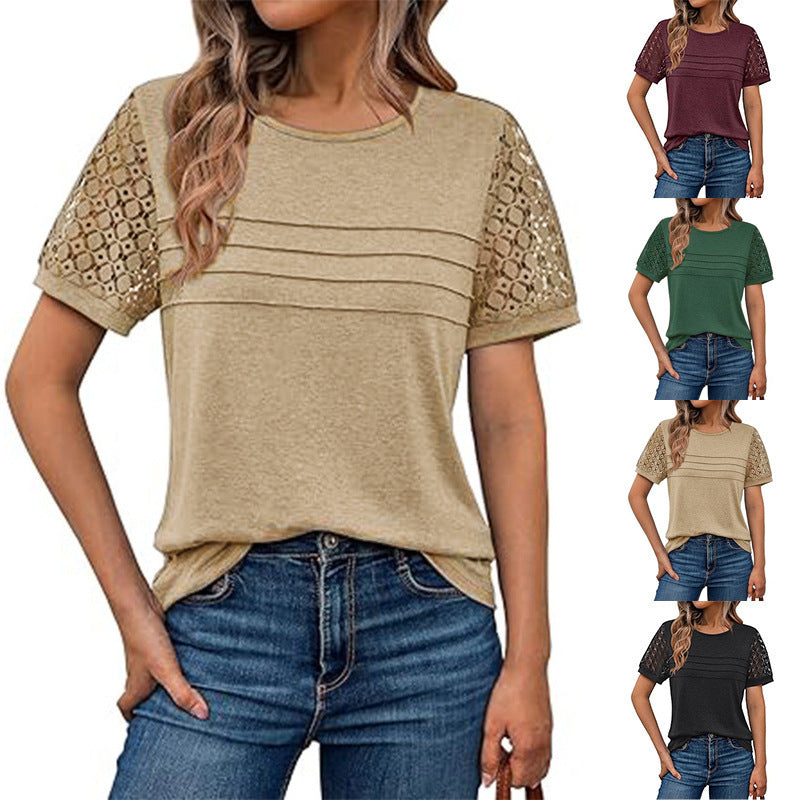 Damen luftiges T-Shirt mit attraktiven Häkelärmeln