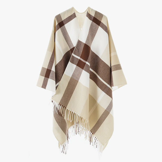 Damen Oversize-Karoponcho aus weichem Wollmix mit Fransensaum Shop Nory