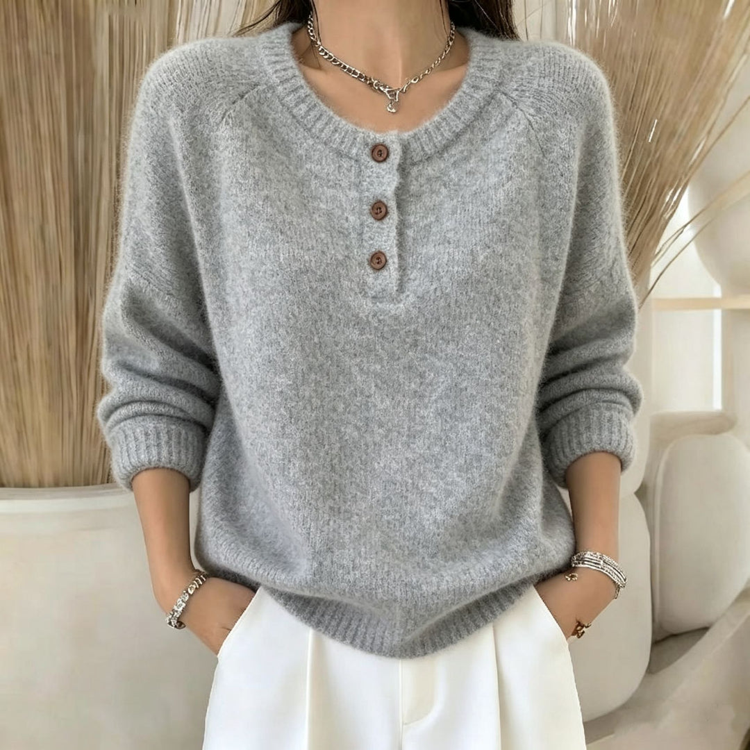 Damen Kuscheliger Rundhals-Henley-Pullover mit Knopfleiste und Raglanärmeln Shop Nory