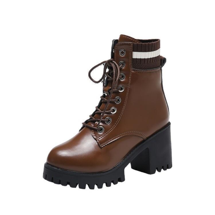 Damen Schnürstiefel mit robustem Blockabsatz und elastischem Strickkragen