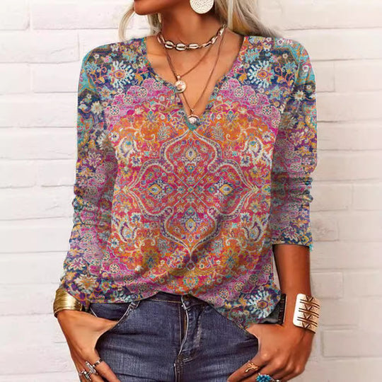 Damen Boho-Print V-Ausschnitt Tunika-Shirt Shop Nory
