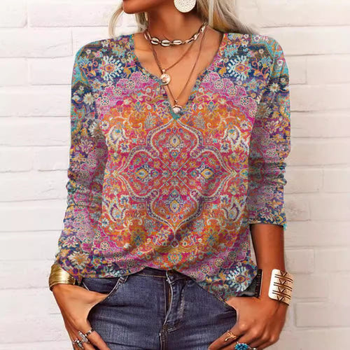 Damen Boho-Print V-Ausschnitt Tunika-Shirt Shop Nory