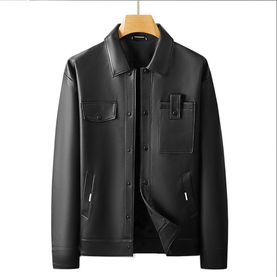 Herren Lederimitat Overshirt-Jacke mit Utility-Brusttasche und Druckknopfleiste Shop Nory