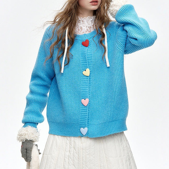 Damen Verspielter Strickpullover mit Herzknöpfen Shop Nory