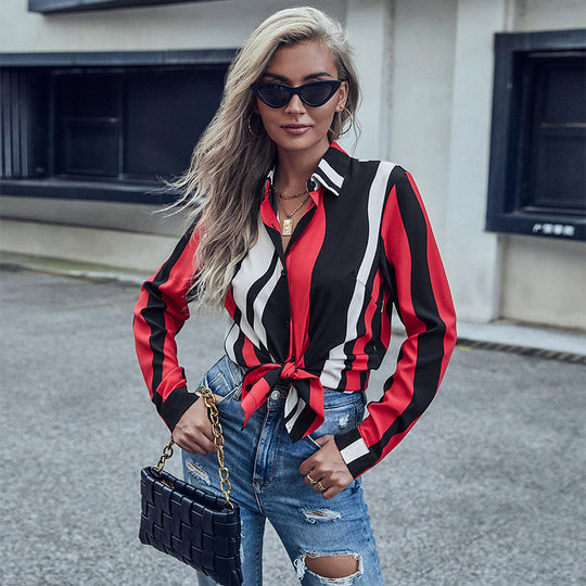 Damen Langarm-Hemdbluse mit Knotenfront, Hemdblusenkragen und vertikalen Streifen Shop Nory