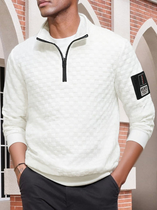 Herren strukturierter Stehkragen-Halbzip-Pullover mit Karosteppung, elastischen Bündchen und Ärmel-Patch Shop Nory