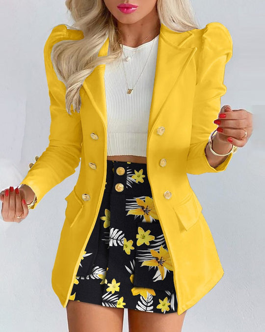 Damen Zweiteiliges karriertes Blazer- und Minirock-Set mit betonten Puffärmeln und goldenen Knöpfen Shop Nory