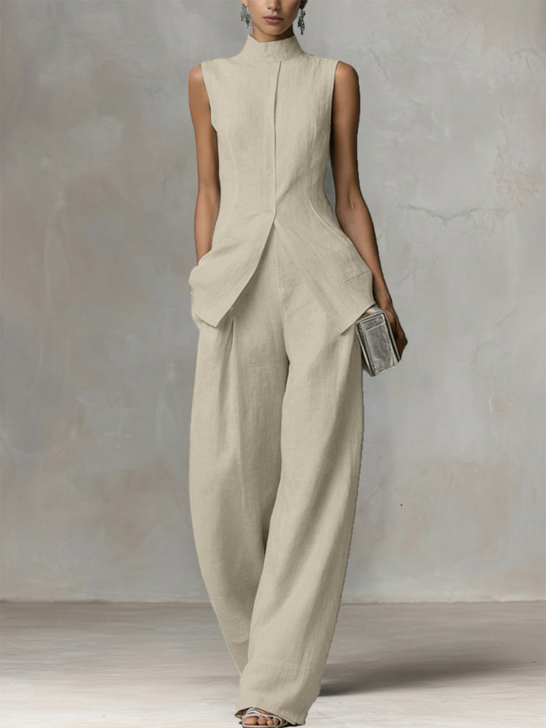 Damen Ärmelloser Leinen-Jumpsuit mit Stehkragen und weitem Bein Shop Nory