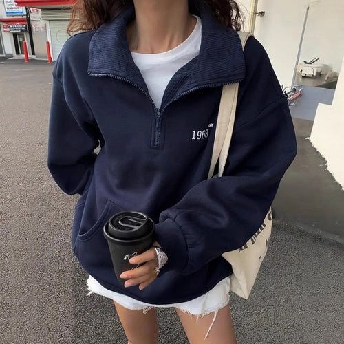 Damen Oversized Sweatshirt mit halbem Reißverschluss, hohem Stehkragen und Kängurutasche Shop Nory