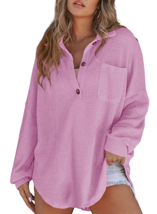 Damen Oversize Waffelstrick-Hemdbluse mit Kentkragen, Brusttasche und gerundetem Saum Shop Nory