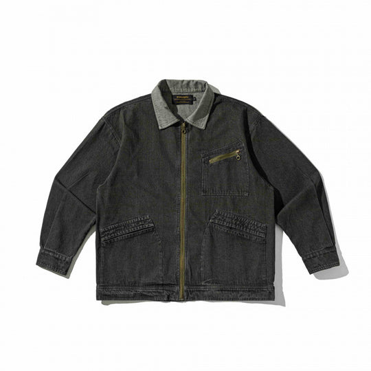 Unisex Kastenförmige Overshirt‑Jacke aus gewaschenem Denim mit Frontreißverschluss und Mehrfachtaschen Shop Nory