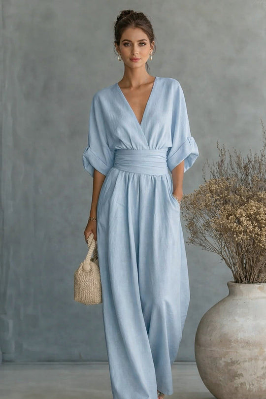 Damen Weit geschnittener Jumpsuit mit eleganten Drapierungen und V-Ausschnitt Shop Nory