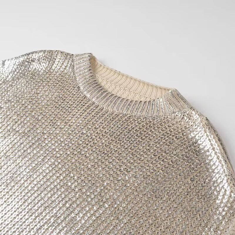 Damen Oversized Strickpullover mit Cut-Out-Schultern und Metallic-Glanz Shop Nory