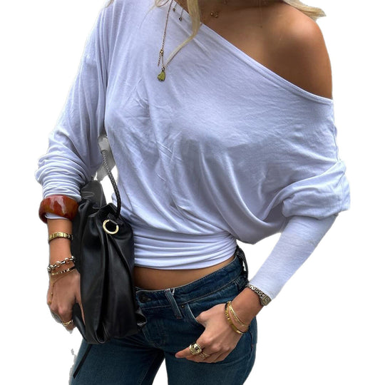 Damen nan schulterfreies Langarmshirt mit tailliertem Komfortbund, gerafften Schultern und figurbetonter Passform Shop Nory