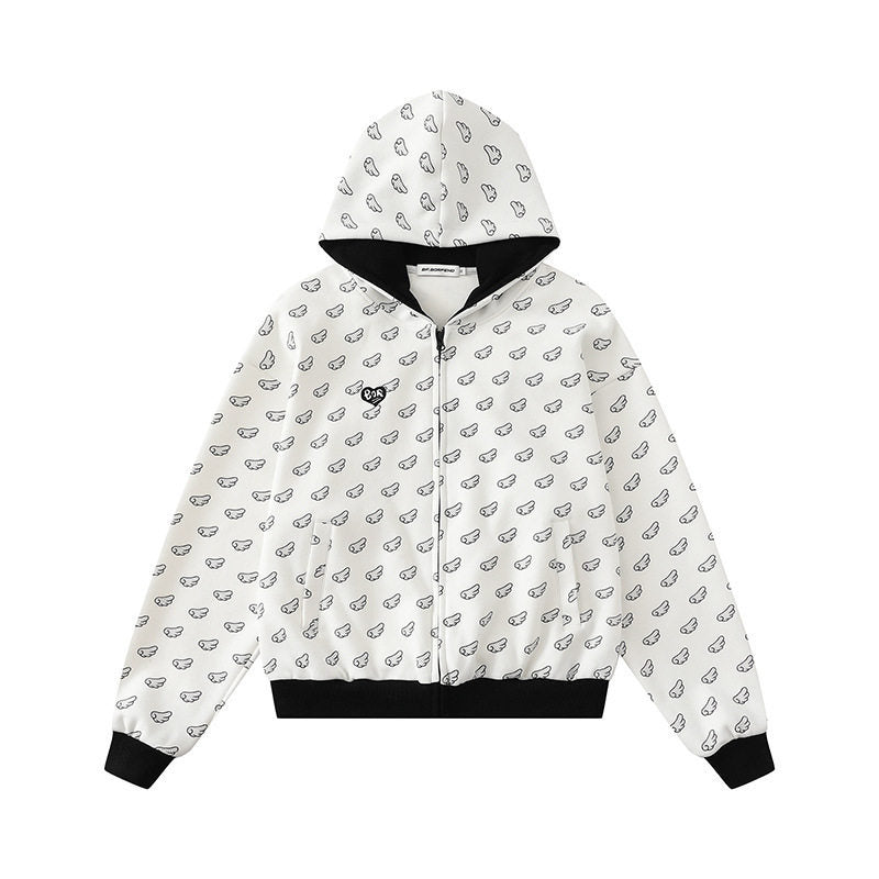 Damen Kapuzensweatjacke mit Allover‑Flügelmotiv, durchgehendem Reißverschluss und kontrastierenden Bündchen Shop Nory