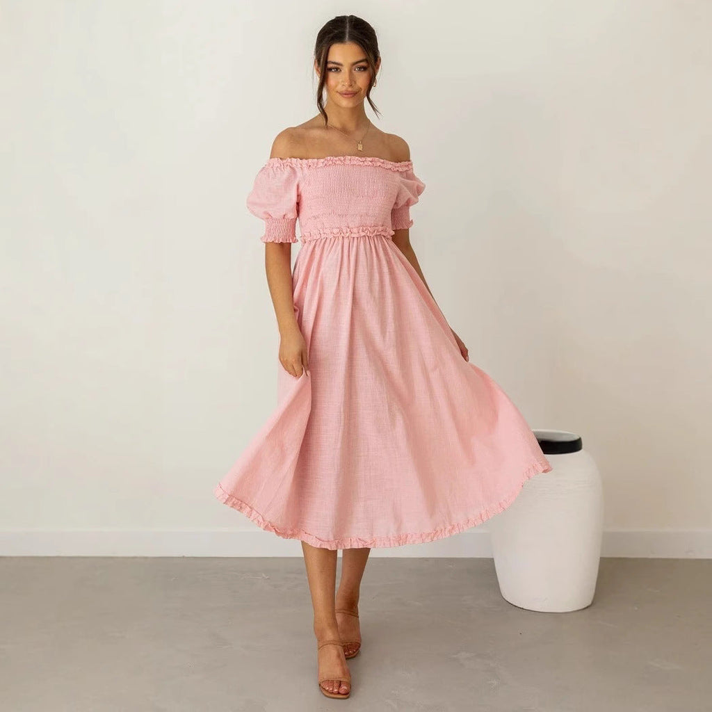 Damen Off-Shoulder Midikleid mit luftiger Silhouette und Rüschendetails Shopnory
