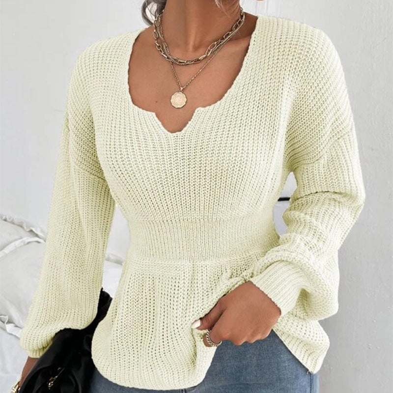 Damen Taillierter Feinstrickpullover mit eingekerbtem V-Ausschnitt, taillenbetonter Rippzone und Ballonärmeln Shop Nory