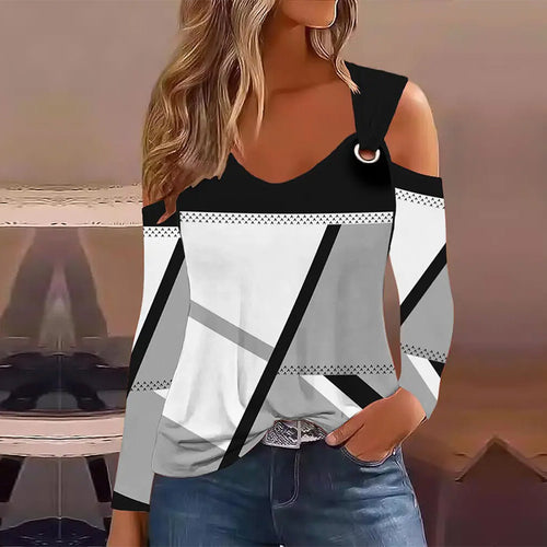 Damen Cold-Shoulder Langarmshirt mit grafischem Blockmuster und Metallring Shop Nory